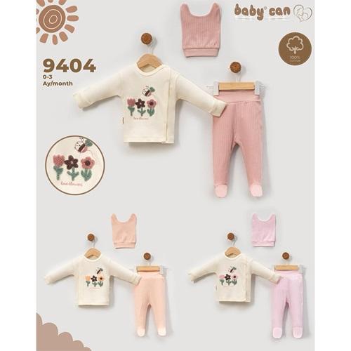 Baby Can 9404 Bebe Penye Süzine Çiçek Nakışlı Bereli 3 Parça Zıbın Takım 0-3 Ay