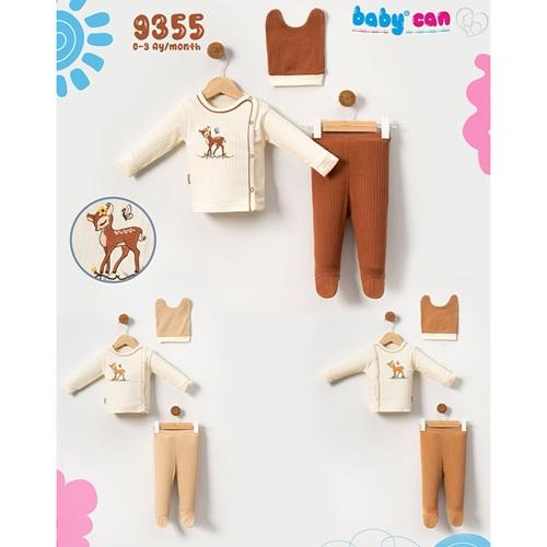 Baby Can 9355 Bebe Penye Sevimli Ceylan Nakışlı Bereli 3 Parça Zıbın Takım 0-3 Ay