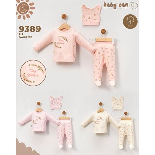 Baby Can 9389 Kız Bebe Penye Çiçek Nakışlı Bereli 3 Parça Zıbın Takım 0-3 Ay