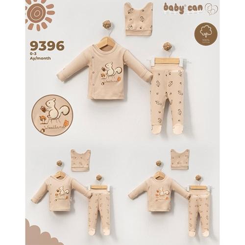Baby Can 9396 Bebe Penye Süzine Sevimli Sincap Nakışlı Bereli 3 Parça Zıbın Takım 0-3 Ay