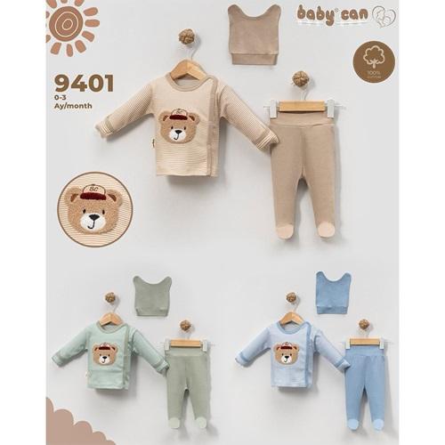 Baby Can 9401 Bebe Penye Süzine Sevimli Ayıcık Nakışlı Bereli 3 Parça Zıbın Takım 0-3 Ay
