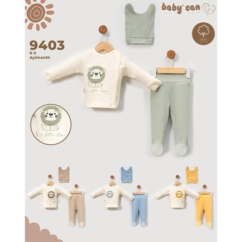 Baby Can 9403 Bebe Penye Süzine Sevimli Aslan Nakışlı Bereli 3 Parça Zıbın Takım 0-3 Ay