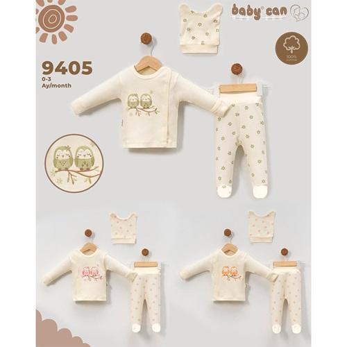 Baby Can 9405 Kız Bebe Penye Sevimli Baykuş Nakışlı Bereli 3 Parça Zıbın Takım 0-3 Ay