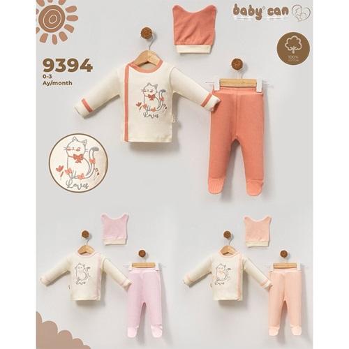 Baby Can 9394 Kız Bebe Penye Sevimli Kedicik Nakışlı Bereli 3 Parça Zıbın Takım 0-3 Ay