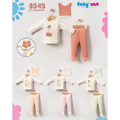 Baby Can 9343 Kız Bebe Penye Süzine Çiçek Nakışlı Bereli 3 Parça Zıbın Takım 0-3 Ay
