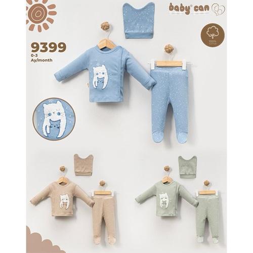 Baby Can 9399 Bebe Penye Süzine Sevimli Kedicik Nakışlı Bereli 3 Parça Zıbın Takım 0-3 Ay