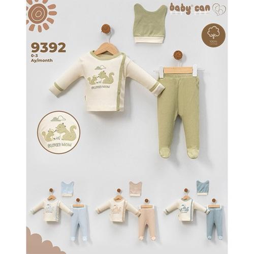 Baby Can 9392 Bebe Penye Süzine Sevimli Sincap Nakışlı Bereli 3 Parça Zıbın Takım 0-3 Ay