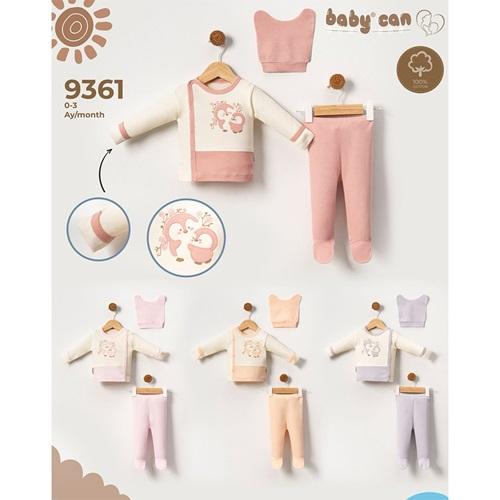 Baby Can 9361 Bebe Penye Süzine Sevimli Penguen Nakışlı Bereli 3 Parça Zıbın Takım 0-3 Ay