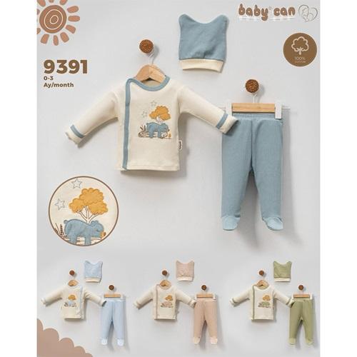 Baby Can 9391 Bebe Penye Süzine Sevimli Ayıcık Nakışlı Bereli 3 Parça Zıbın Takım 0-3 Ay