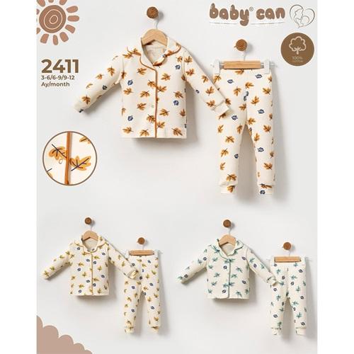 Baby Can 2411 Bebe Penye Yaprak Baskılı Çıtçıtlı Pijama Takım 3-12 Ay