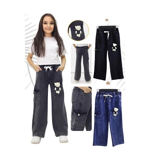 Rema 4033 Kız Çocuk Kargo Cepli Sevimli Oyuncak Ayıcıklı Kot Pantolon 9-12 Yaş