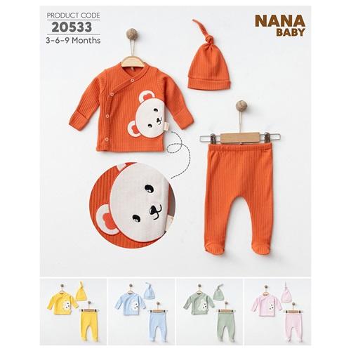 Nana Baby 20533 Bebe Penye Raporlu Sevimli Ayıcık Nakışlı 3 Lü Zıbın Takım 0-3 Ay