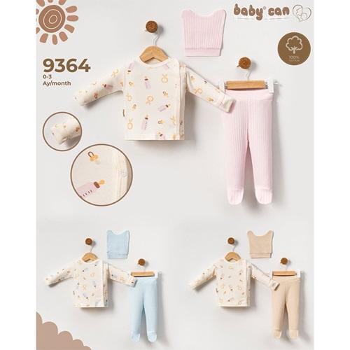 Baby Can 9364 Kız Bebe Penye Biberon Nakışlı Bereli 3 Parça Zıbın Takım 0-3 Ay