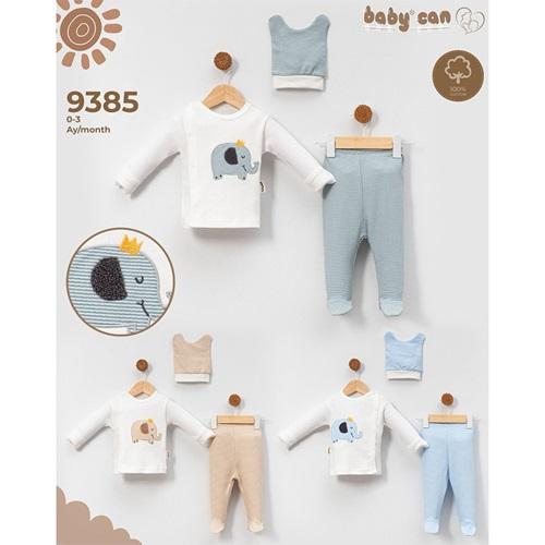Baby Can 9385 Bebe Penye Sevimli Fil Nakışlı Bereli 3 Parça Zıbın Takım 0-3 Ay