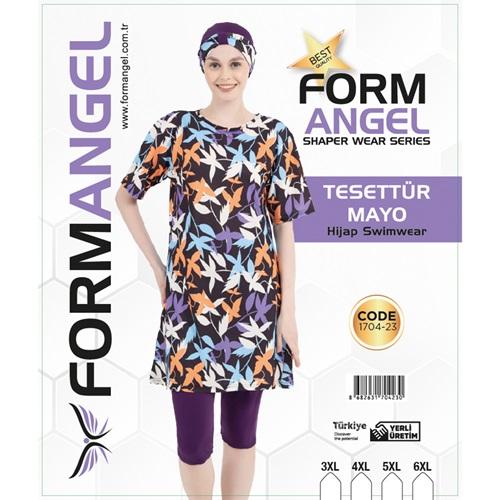 Form Angel 1704-23 Kadın Battal Kısa Kollu Likralı Desenli Tesettür Mayo 3XL-6XL