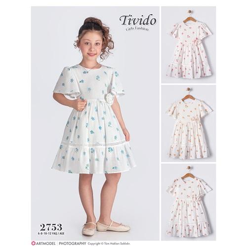 Tivido 2753 Kız Çocuk Çiçek Baskılı Kol Dantelli Elbise 6-12 Yaş