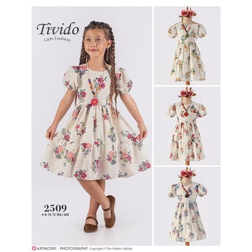 Tivido 2509 Kız Çocuk Çiçek Baskılı Kol Lastikli ELbise 6-12 Yaş