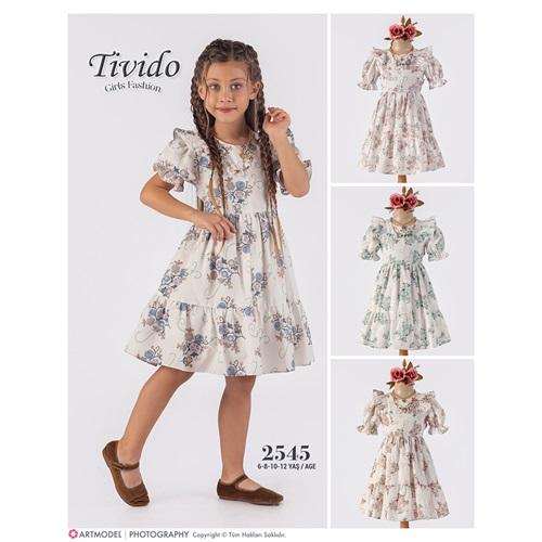 Tivido 2545 Kız Çocuk Çiçek Baskılı Kol Lastikli Elbise 6-12 Yaş