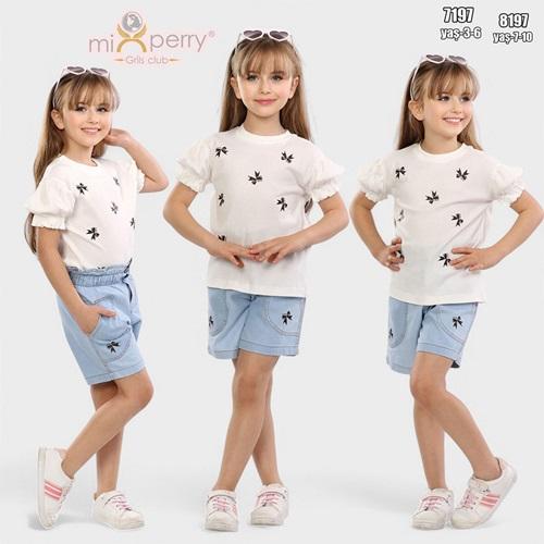 Mixperry 8197 Kız Çocuk Alt Kot Şort Üst Fitilli Badi 2 Li Takım 6-9 Yaş