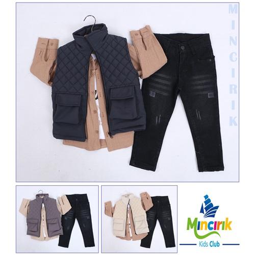 Mıncırık Kids 2133 Erkek Çocuk Keten Gömlekli Yelekli 3 Lü Takım 8-12 Yaş