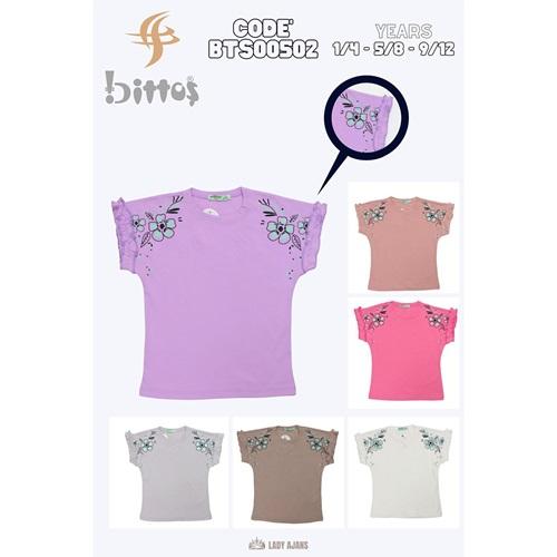 Bittoş 502 Kız Çocuk Penye Yarasa Kol Çiçek Baskılı Tişört 9-12 Yaş