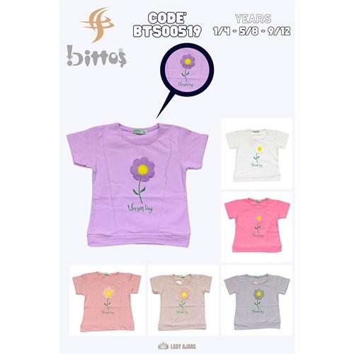 Bittoş 519 Kız Çocuk Penye Önü Dikiş Modelli Çiçek Nakışlı Tişört 9-12 Yaş