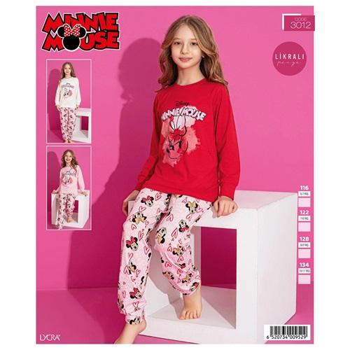 Mınnıe Mouse 3012 Kız Çocuk Likralı Uzun Kol Minnie Maus Baskılı Pijama Takımı 6-10 Yaş