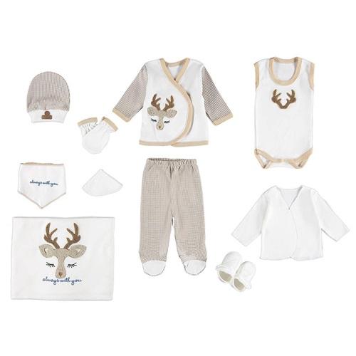 ConCon 1662 Bebe Organik Lüx Süzine Geyik Nakışlı 10 Parça Zıbın Set 0-3 Ay