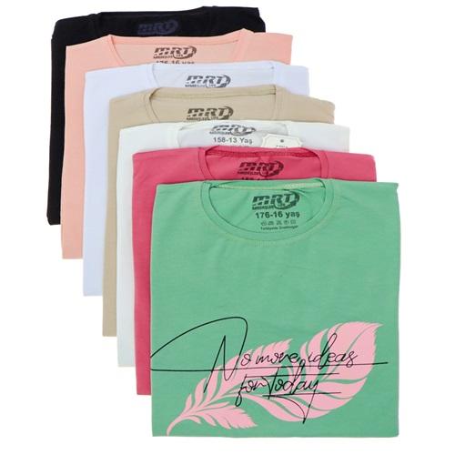 Kardeşler Kız Çocuk Penye Tüy Baskılı Sıfır Yaka Tişört 13-16 Yaş