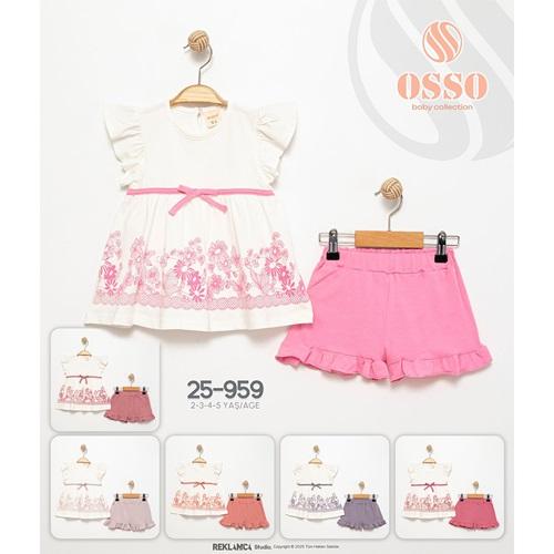 Osso 959 Kız Çocuk Penye Çiçek Baskılı Kol Fırfırlı Şortlu Takım 2-5 Yaş