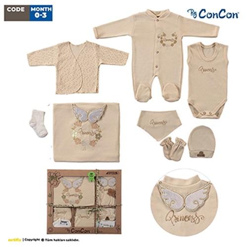 ConCon 1645 Bebe Organik Lüx Prenses Nakışlı 10 Parça Zıbın Set 0-3 Ay