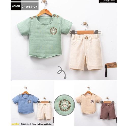 Canöz 3369 Erkek Bebe Sevimli Ayıcıklı Nakışlı Keten Gömlekli 2 Li Takım 9-24 Ay