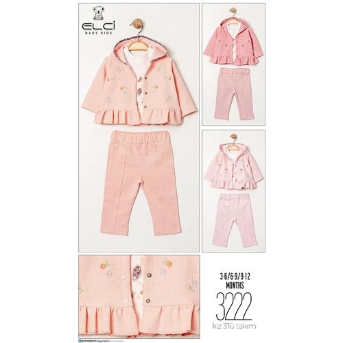 Elci 3222 Kız Bebe Penye Sevimli Kuğu Nakışlı 3 Lü Takım 3-12 Ay