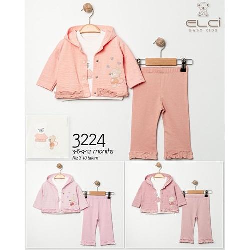 Elci 3224 Kız Bebe Penye Sevimli Ayıcık Nakışlı 3 Lü Takım 3-12 Ay
