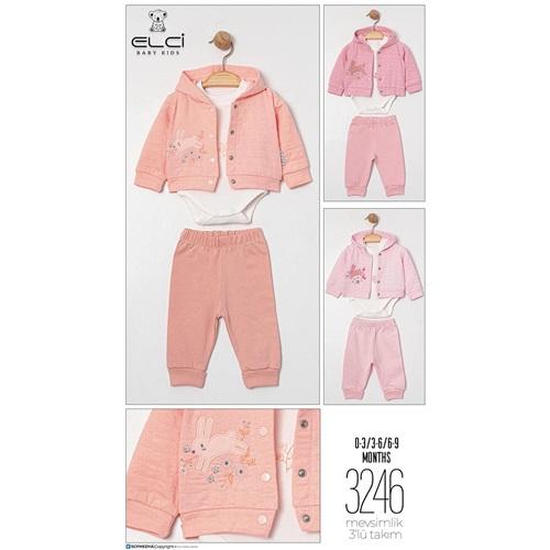 Elci 3246 Kız Bebe Penye Sevimli Tavşan Nakışlı 3 Lü Takım 3-9 Ay