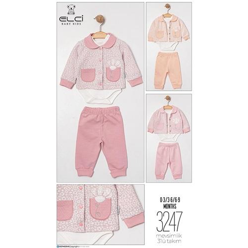 Elci 3247 Kız Bebe Penye Sevimli Hayvanlar Nakışlı 3 Lü Takım 3-9 Ay