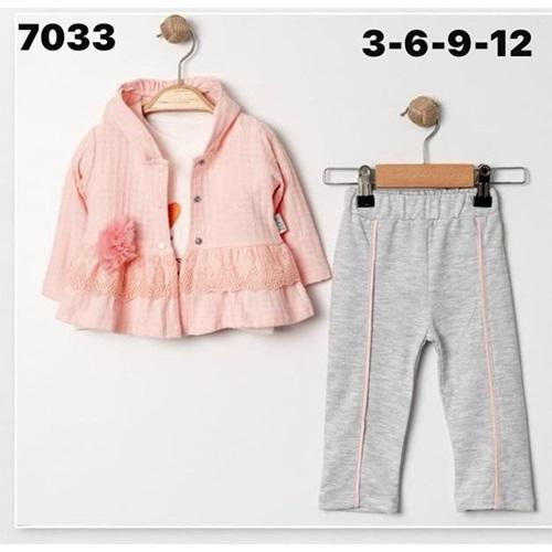 Elci 7033 Kız Bebe Penye Sevimli Tavşan Nakışlı 3 Lü Takım 3-12 Ay