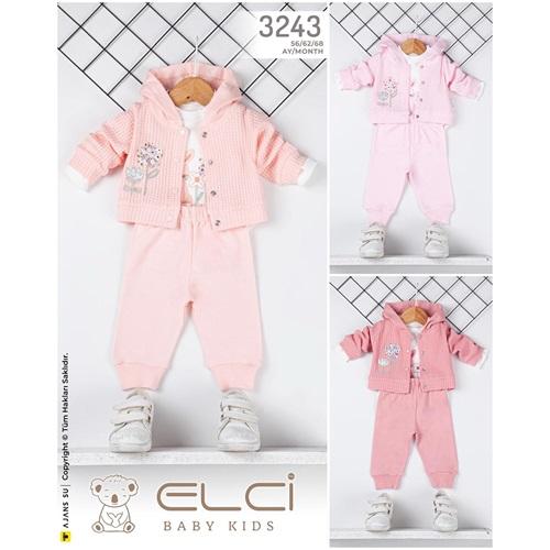 Elci 3243 Kız Bebe Penye Çiçek Nakışlı 3 Lü Takım 3-9 Ay