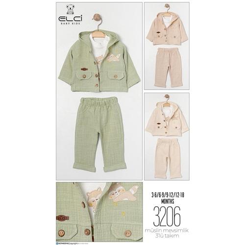 Elci 3206 Erkek Bebe Penye Sevli Kedi Nakışlı 3 Lü Takım 3-9-18 Ay