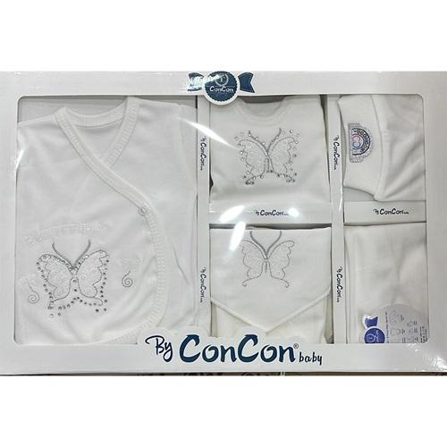 Concon 8035 Bebe Taşlı Kelebek Nakışlı 8 Parça Lüx Zıbın Set 0-3 Ay