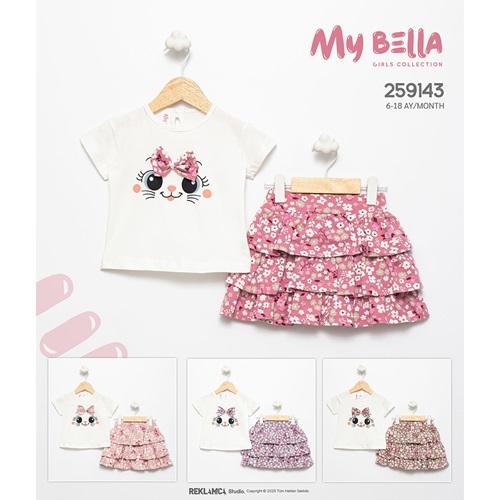 My Bella 9143 Kız Bebe Fiyonklu Sevimli Tavşan Baskılı Etekli Takım 6-18 Ay