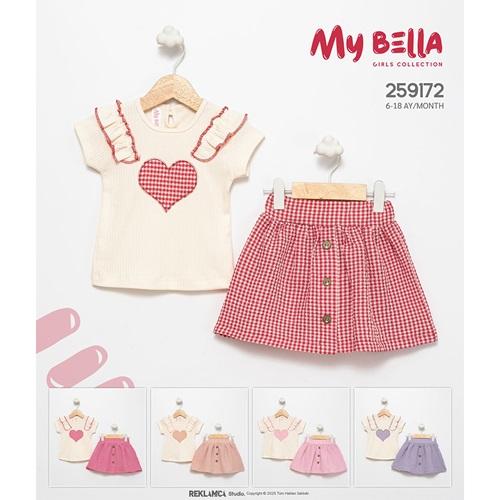 My Bella 9160 Kız Çocuk Penye Ekose Kalp Nkışli Etekli Takım 2-5 Yaş