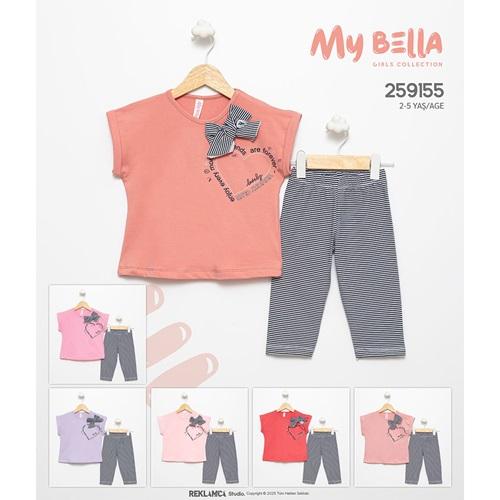 My Bella 9155 Kız Çocuk Penye Çizgili Fiyonlu Taylı Takım 2-5 Yaş