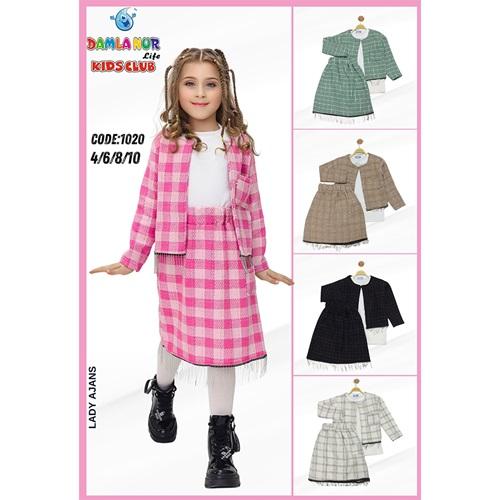 Damlanur Kız Çocuk Ekose Zincir Detaylı Etekli 3 Lü Takım 4-10 Yaş