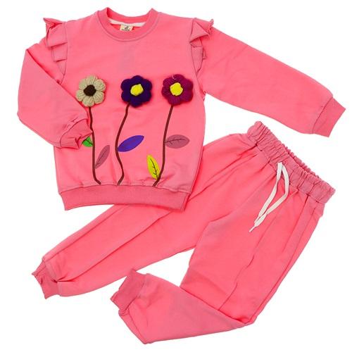 Tospik Kız Çocuk Penye Sıfır Yaka 3 Çiçek Nakışlı Takım 3-7 Yaş
