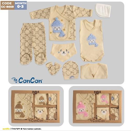 ConCon 8059 Bebe Organik Lüx Peluş Sevimli Ayıcık Nakışlı 8 Parça Lüx Zıbın Set 0-3 Ay
