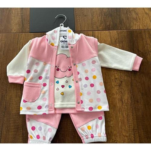 Çağkon 2027 Kız Çocuk Penye Noktalı Baskısı Kapşonlu Yelekli 3 lü Takım 2 Yaş