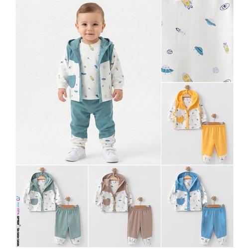 Çağkon 2025 Kız Çocuk Penye Çicek Baskısı Kapşonlu Yelekli 3 lü Takım 1-Yaş