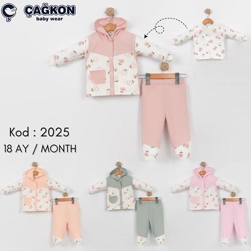Çağkon 2025 Kız Çocuk Penye Çicek Baskısı Kapşonlu Yelekli 3 lü Takım 2 Yaş