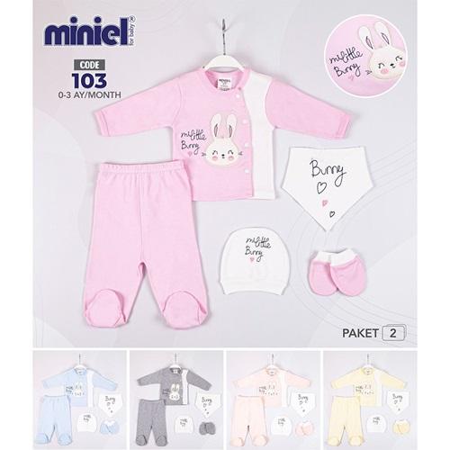 Miniel 103 Bebe Penye Sevimli Tavşan Nakışlı 5 Li Zıbın Takım 0-3 Ay